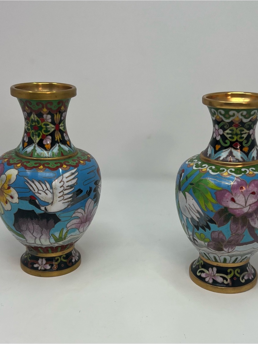 Pair Vintage Cloisonne Enamel Vases Blue Cherry Blossom Crane Asian Japanese